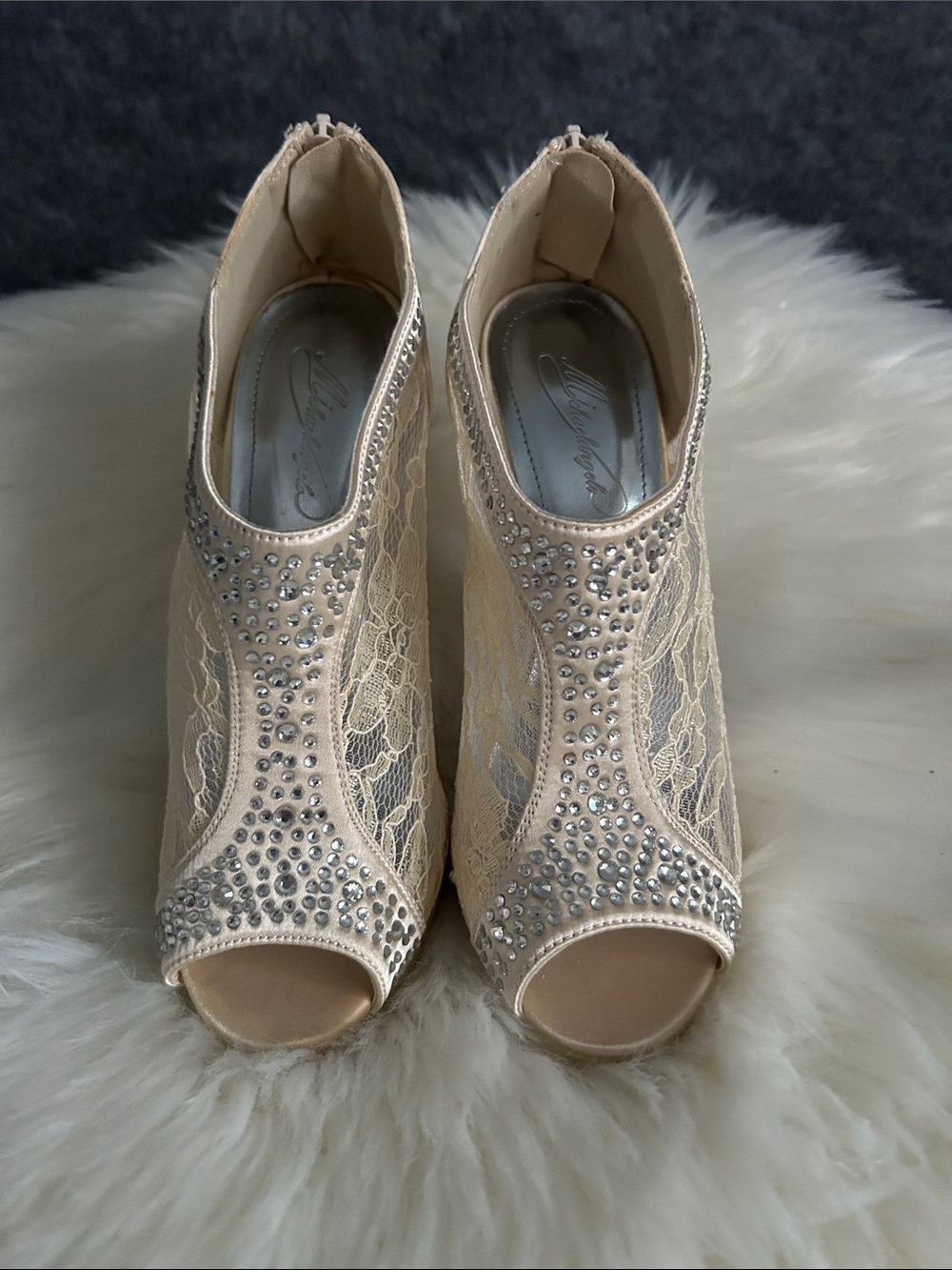Michaelangelo Champagne Lace Peep-Toe Heels with Rhinestones